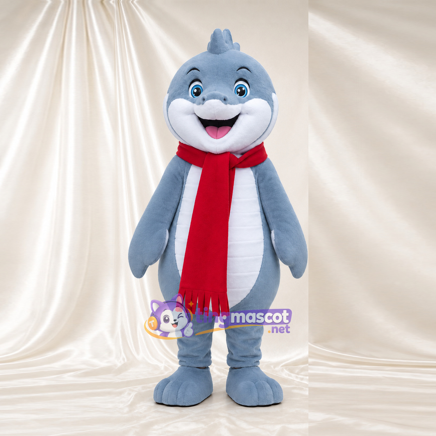 Blue Fantasy Creature Mascot Costume - Red Scarf and White Belly Blue Fantasy Creature Mascot Costume - Red Scarf and White Belly