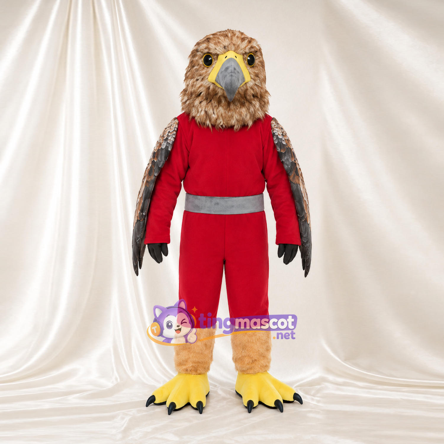 Costume de mascotte Faucon – marron – Tenue (rouge, de sport); Ceinture (gris) Costume de mascotte Faucon – marron – Tenue (rouge, de sport); Ceinture (gris)