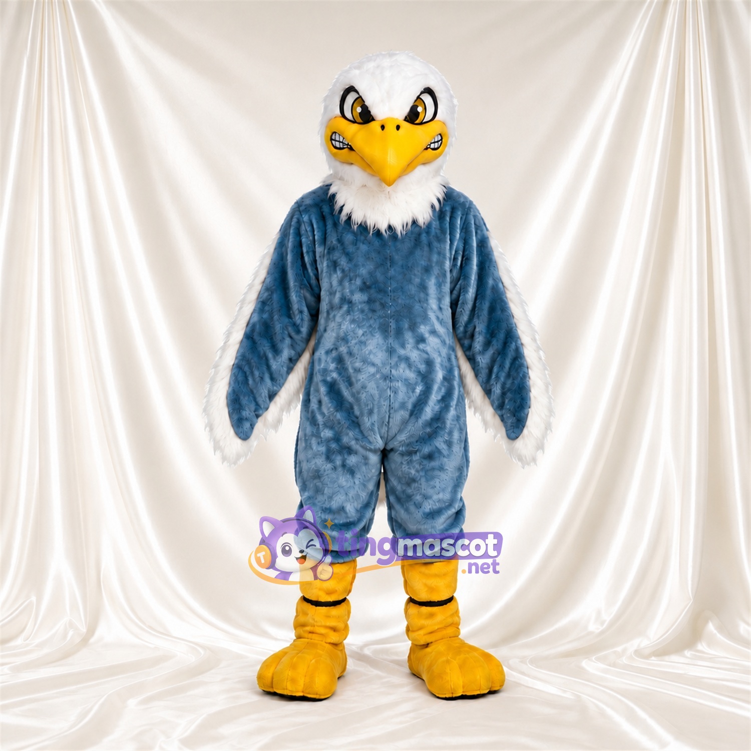 Costume de mascotte Pygargue à tête blanche – bleu – Tête (blanc); Jambes (rayé, jaune) Costume de mascotte Pygargue à tête blanche – bleu – Tête (blanc); Jambes (rayé, jaune)