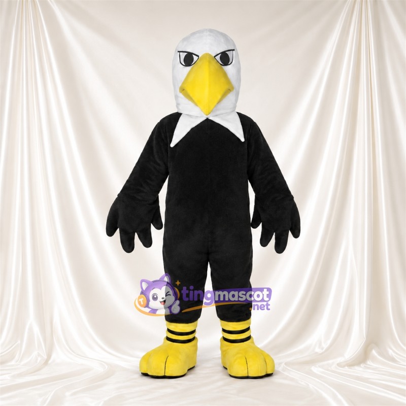Black Bald Eagle Mascot Costume - Angular Yellow Beak and White Neck Black Bald Eagle Mascot Costume - Angular Yellow Beak and White Neck