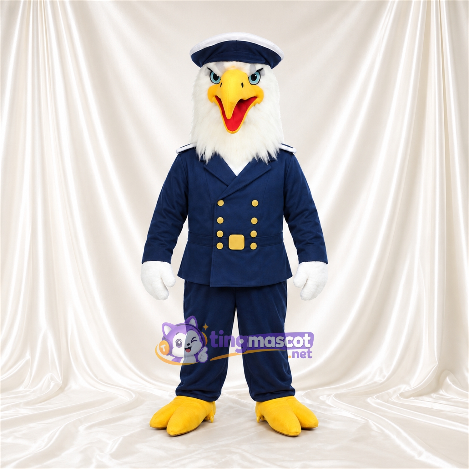Bald Eagle Captain Mascot Costume - Navy Uniform and Peaked Cap Bald Eagle Captain Mascot Costume - Navy Uniform and Peaked Cap
