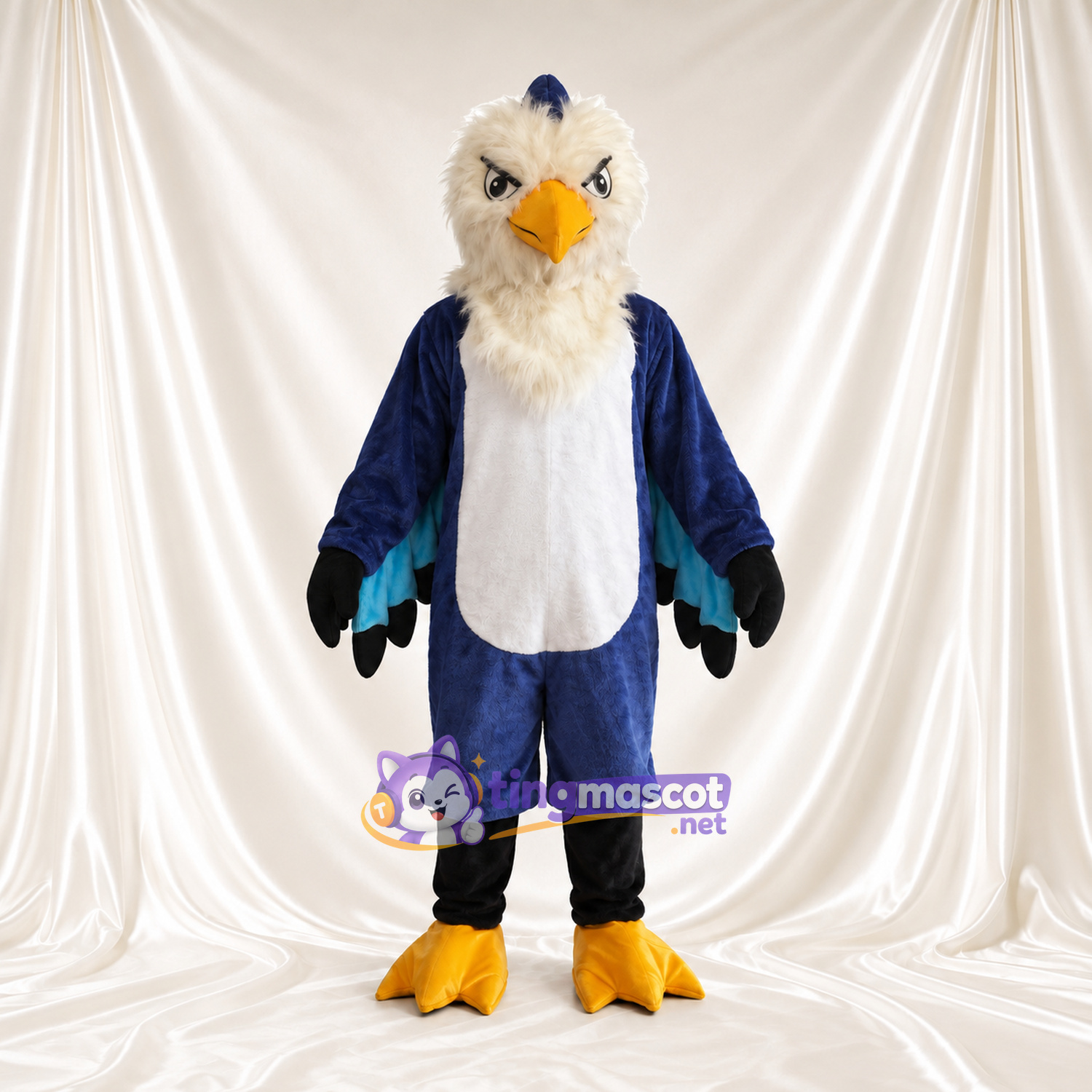 Maskottchenkostüm Weißkopfseeadler – blau – Brust (creme); Unterschenkel (schwarz) Maskottchenkostüm Weißkopfseeadler – blau – Brust (creme); Unterschenkel (schwarz)