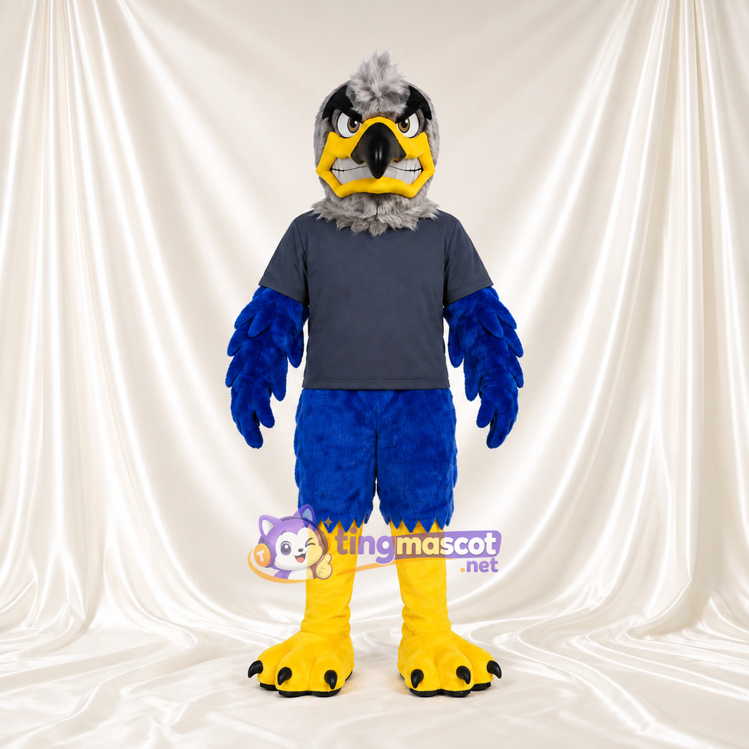 Costume de mascotte Faucon – bleu – T-shirt (gris); Jambes (jaune) Costume de mascotte Faucon – bleu – T-shirt (gris); Jambes (jaune)