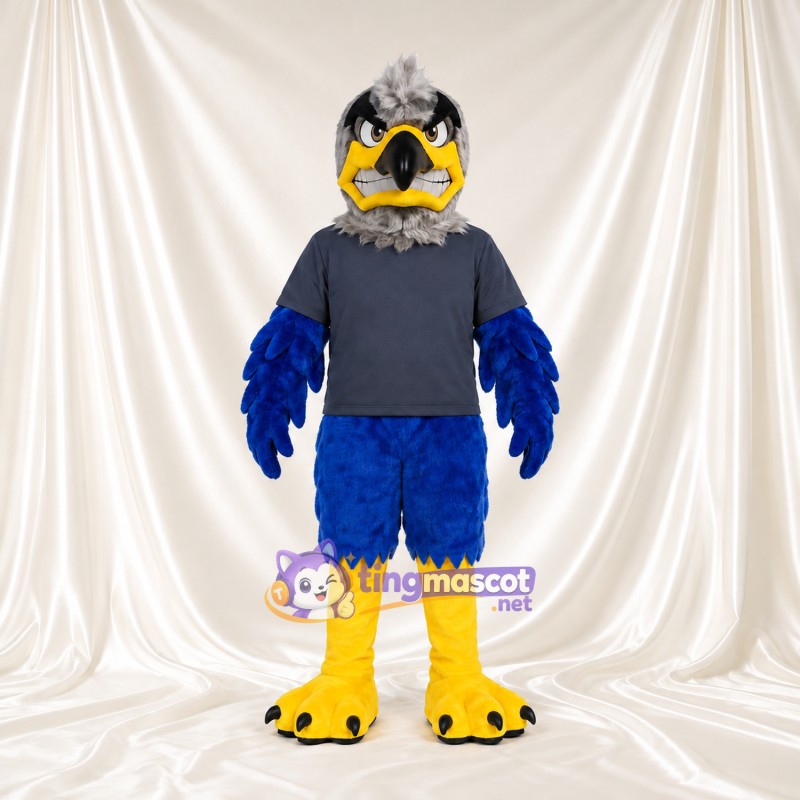 Costume de mascotte Faucon – bleu – T-shirt (gris); Jambes (jaune)