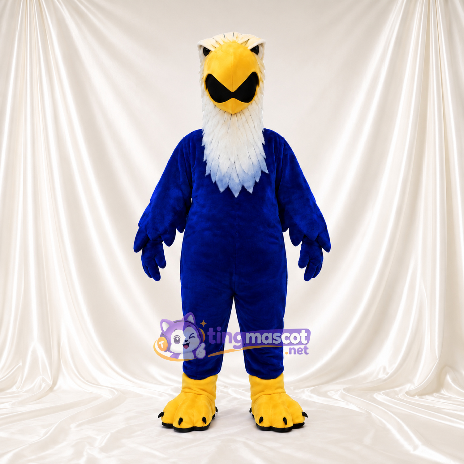 Costume de mascotte Pygargue à tête blanche – bleu – Bec (ouvert, jaune); Cou (blanc); Plumes Costume de mascotte Pygargue à tête blanche – bleu – Bec (ouvert, jaune); Cou (blanc); Plumes