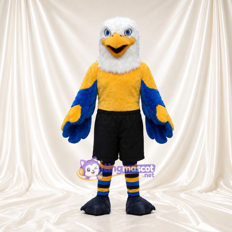 Maskottchenkostüm Weißkopfseeadler – blau – Hemd (gelb); Shorts (schwarz) Maskottchenkostüm Weißkopfseeadler – blau – Hemd (gelb); Shorts (schwarz)