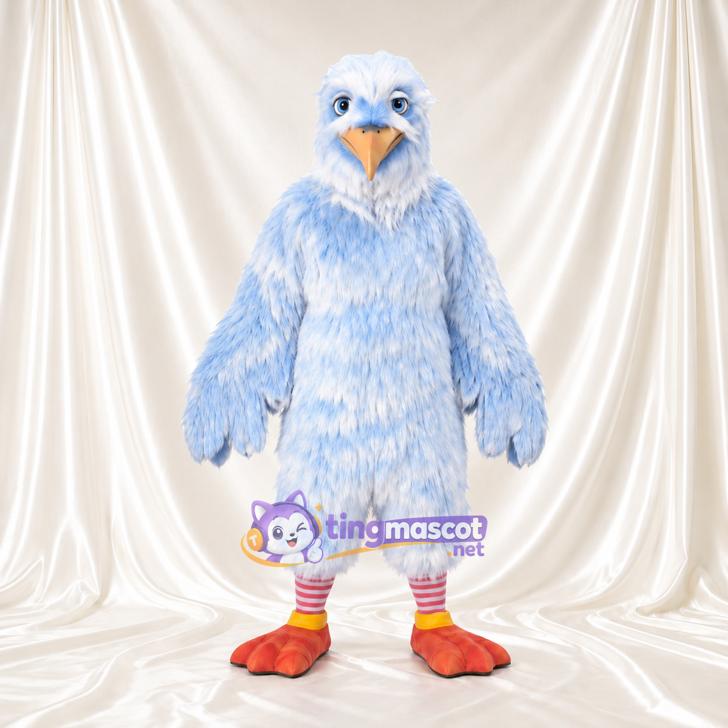Costume de mascotte Aigle – bleu clair – Plumes (hirsute); Pieds (orange)