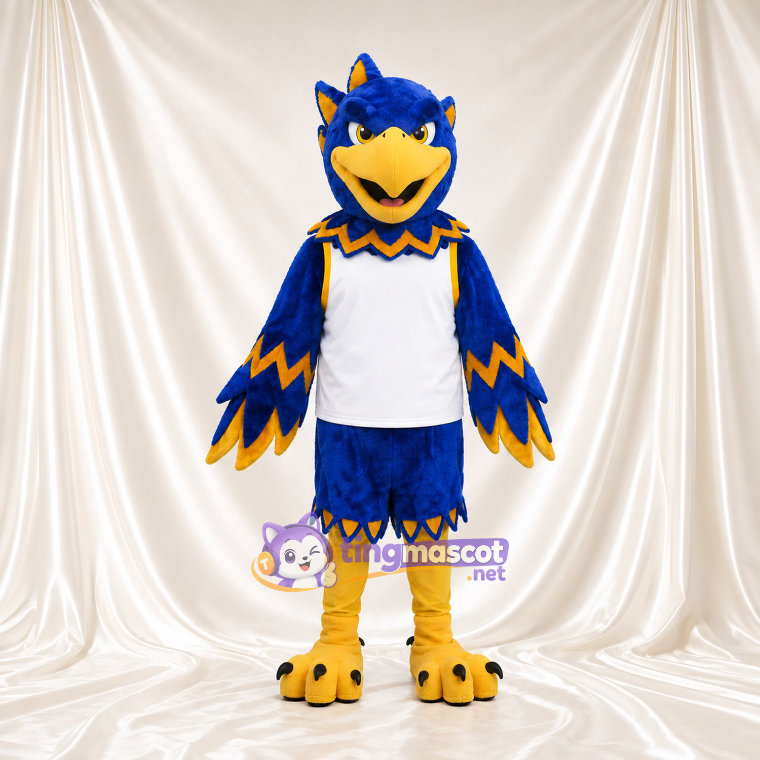 Costume de mascotte Aigle – bleu – Gilet (blanc); Bords des ailes (jaune) Costume de mascotte Aigle – bleu – Gilet (blanc); Bords des ailes (jaune)