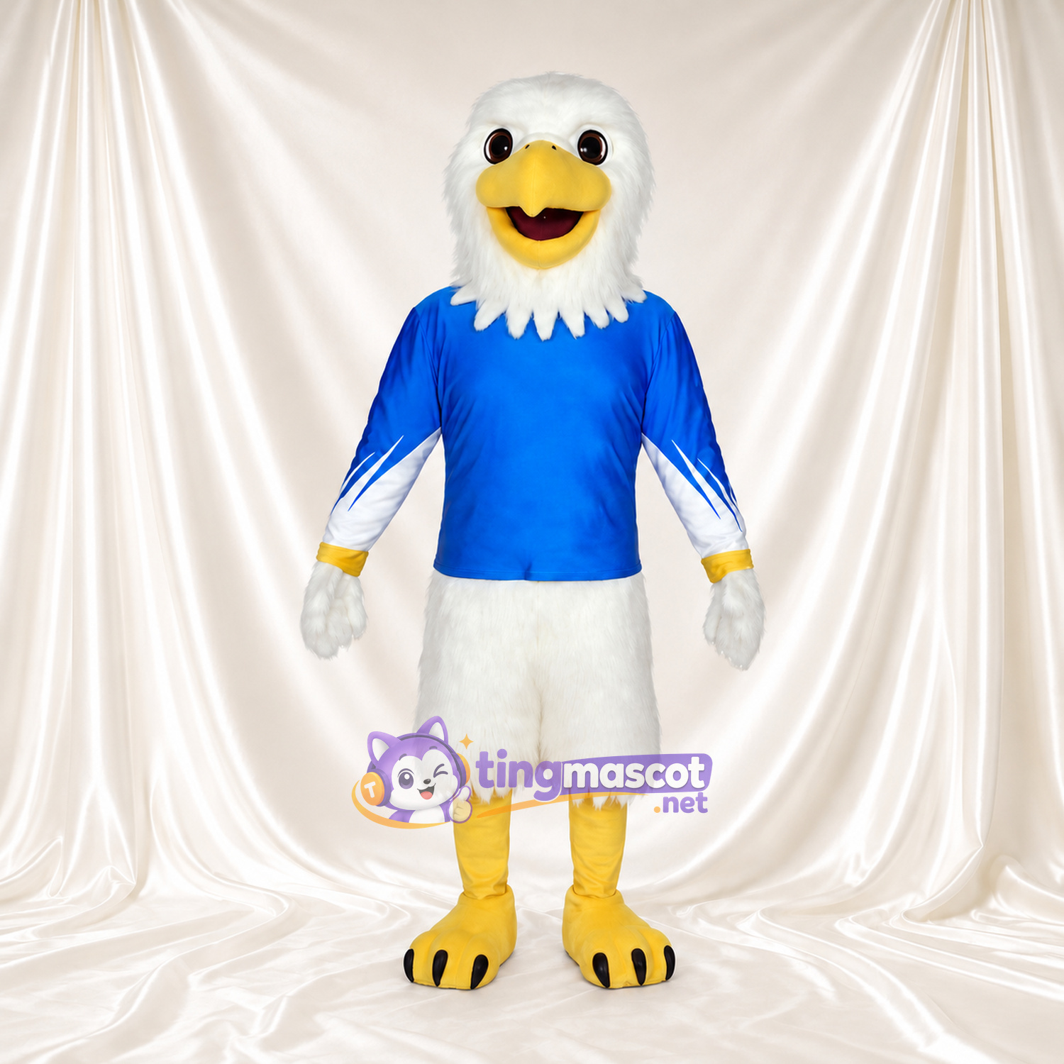 Costume de mascotte Pygargue à tête blanche – blanc – Maillot de sport (bleu); Jambes (jaune)