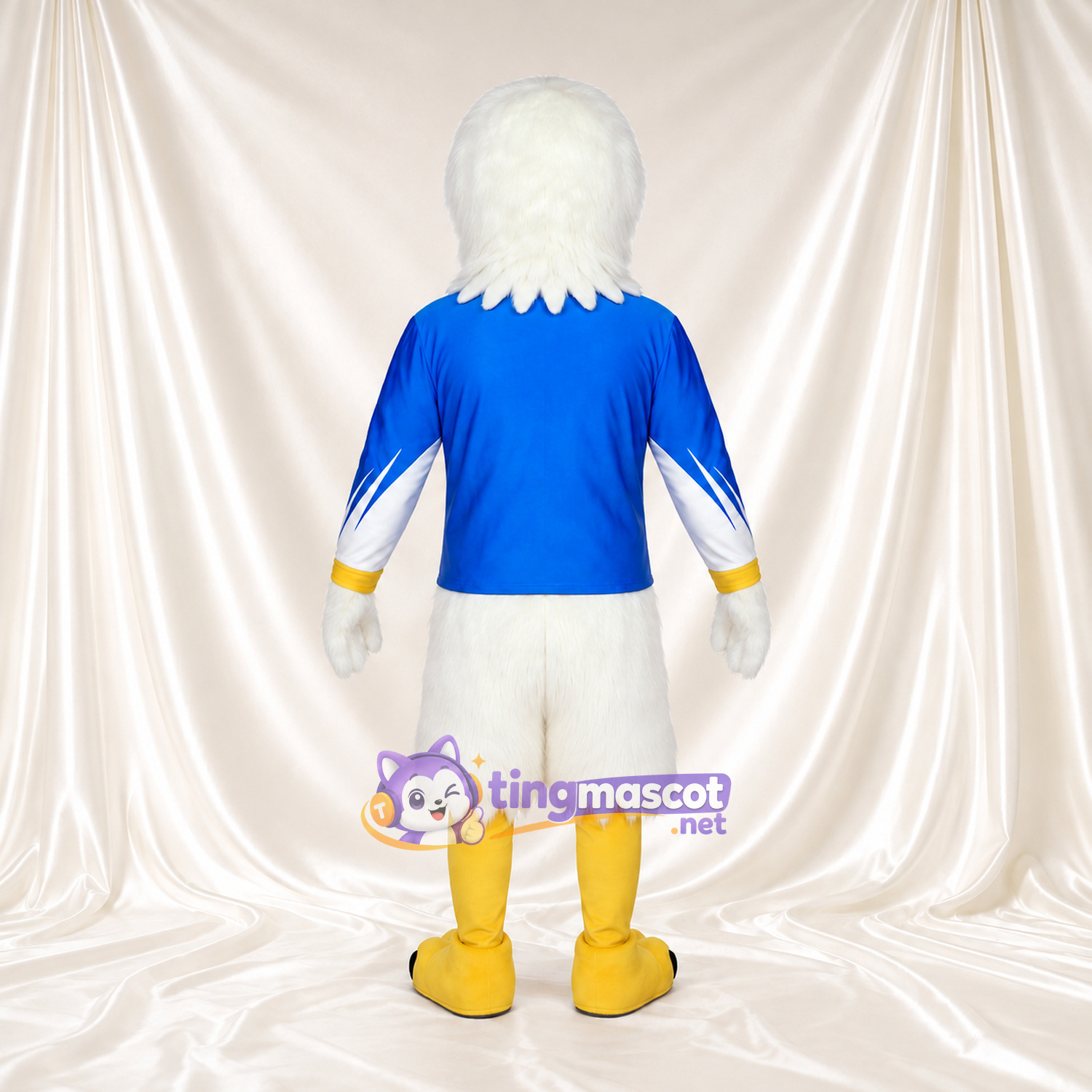 Costume de mascotte Pygargue à tête blanche – blanc – Maillot de sport (bleu); Jambes (jaune)