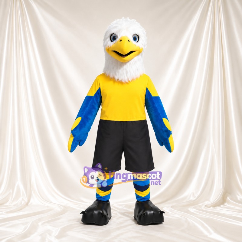 Costume de mascotte Pygargue à tête blanche – bleu – T-shirt (jaune); Chaussettes (rayé) Costume de mascotte Pygargue à tête blanche – bleu – T-shirt (jaune); Chaussettes (rayé)