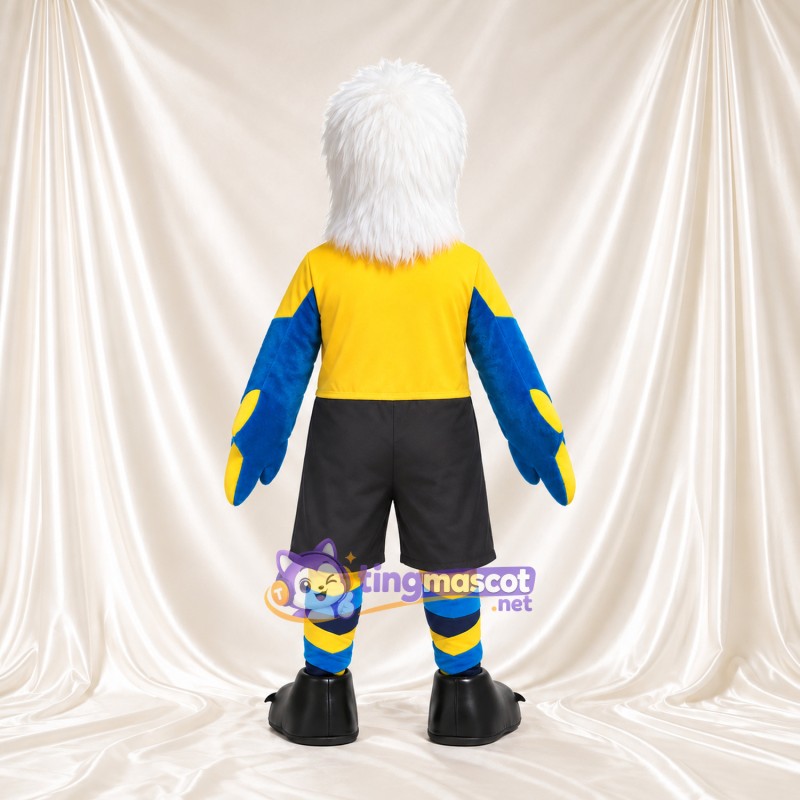 Costume de mascotte Pygargue à tête blanche – bleu – T-shirt (jaune); Chaussettes (rayé) Costume de mascotte Pygargue à tête blanche – bleu – T-shirt (jaune); Chaussettes (rayé)