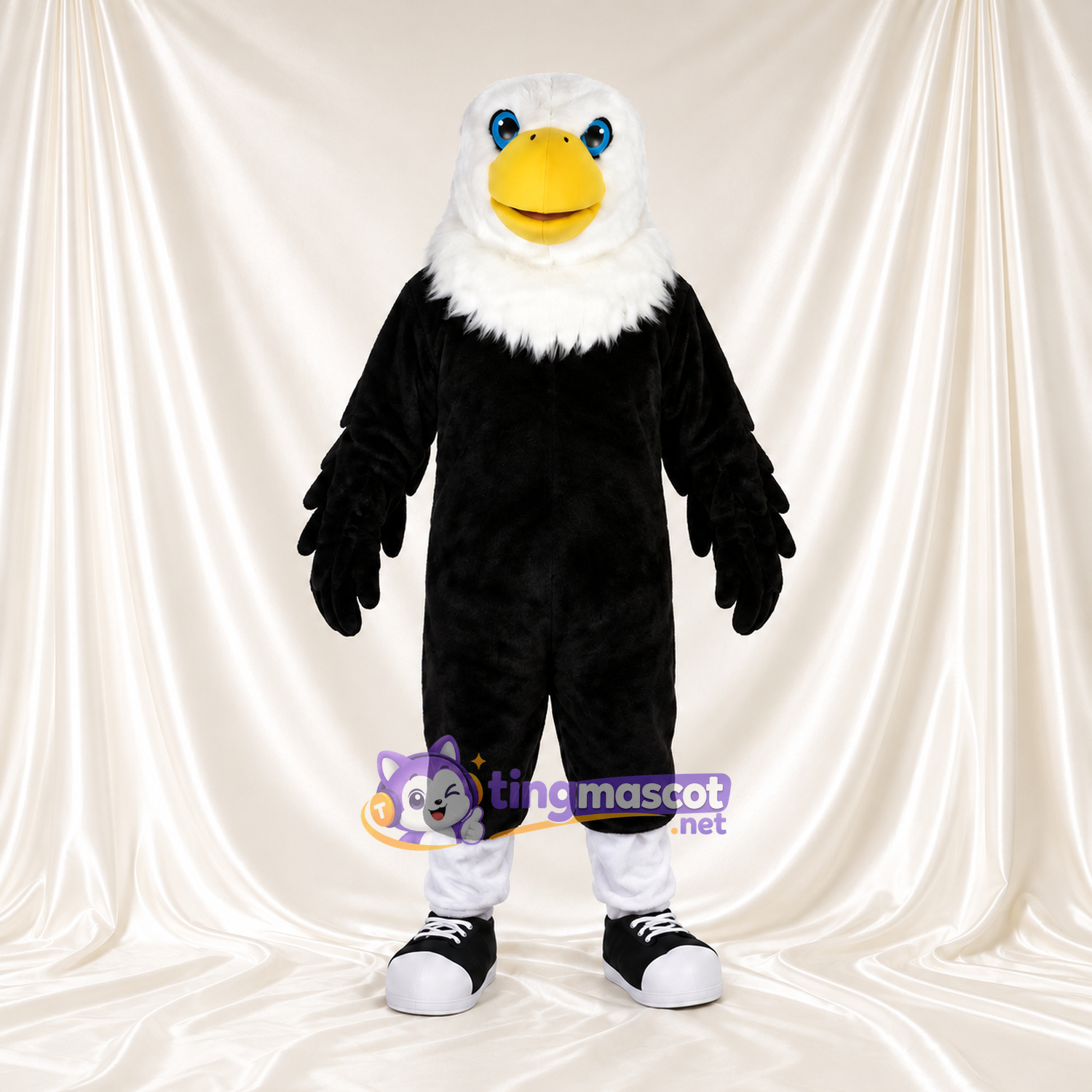 Black Bald Eagle Mascot Costume - Blue Eyes and Black Sneakers Black Bald Eagle Mascot Costume - Blue Eyes and Black Sneakers