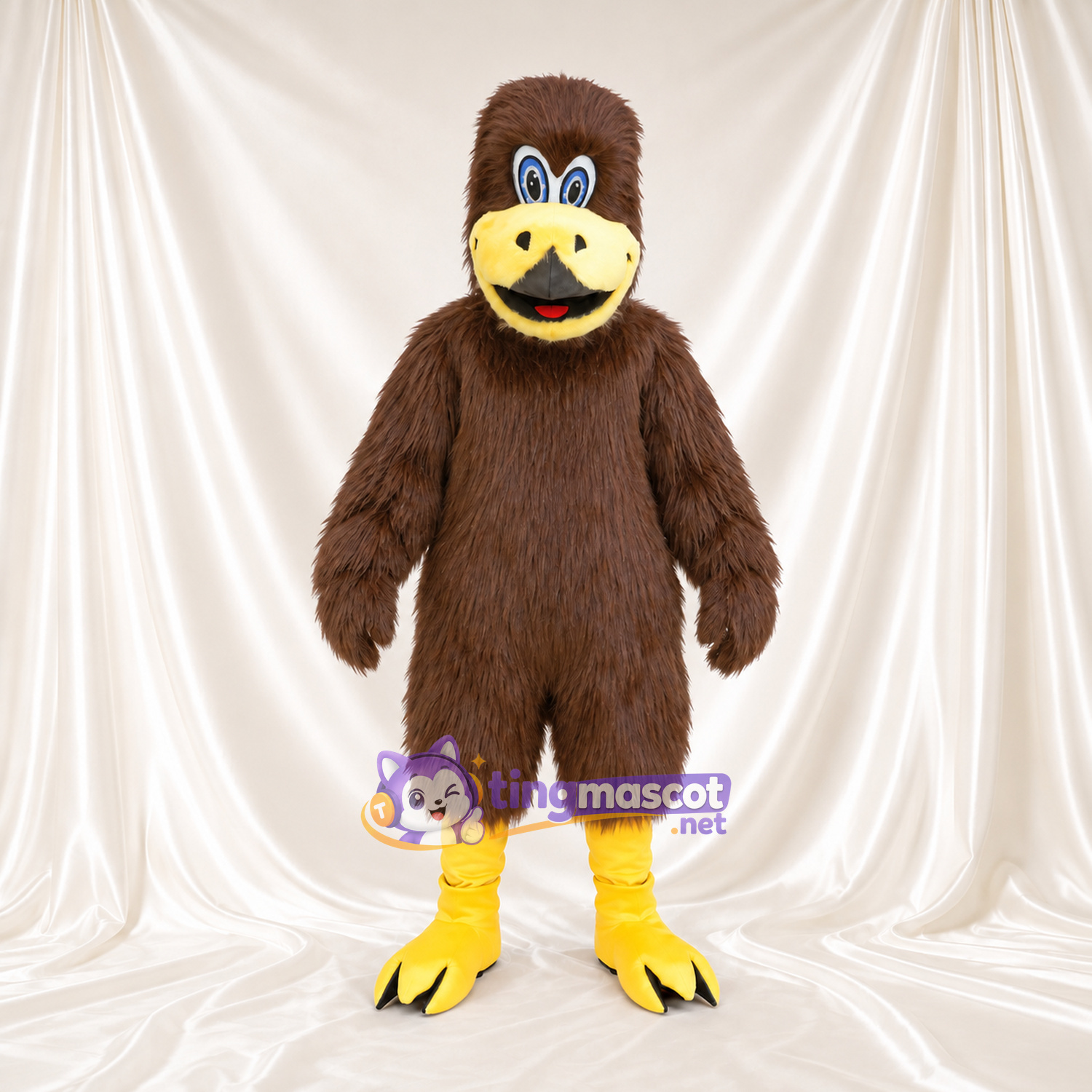 Brown Hawk Mascot Costume - Large Eyes and Smiling Yellow Beak Brown Hawk Mascot Costume - Large Eyes and Smiling Yellow Beak