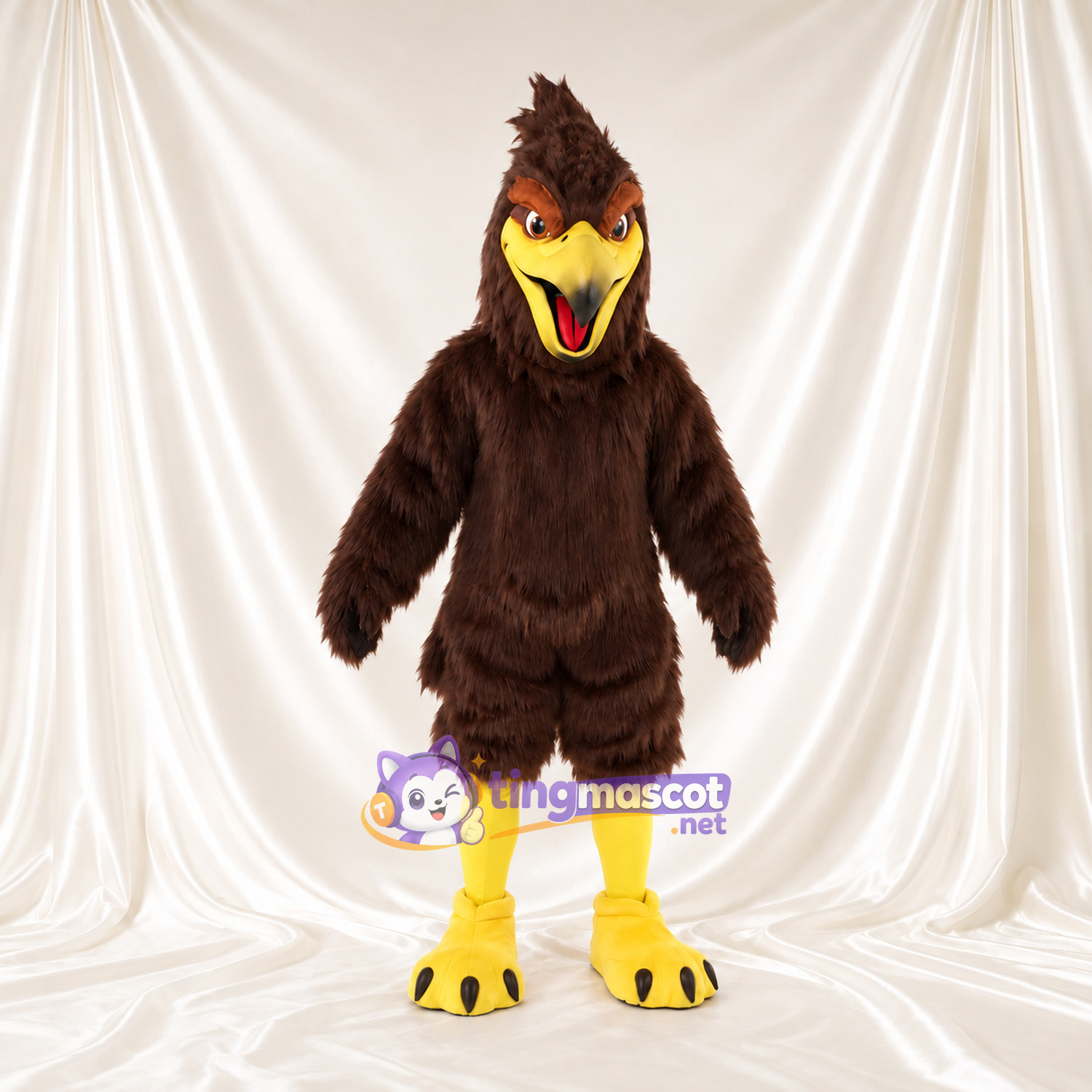 Costume de mascotte Faucon – marron – Huppe (pointu); Bec (ouvert, jaune)