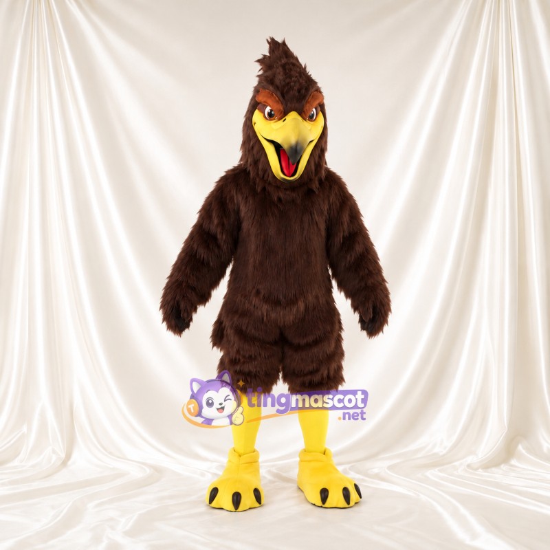 Costume de mascotte Faucon – marron – Huppe (pointu); Bec (ouvert, jaune)