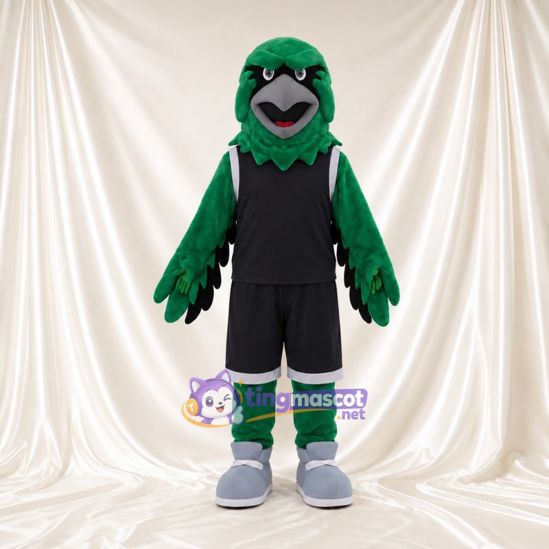Maskottchenkostüm Rabe – grün – Basketballtrikot (schwarz); Sneaker (grau) Maskottchenkostüm Rabe – grün – Basketballtrikot (schwarz); Sneaker (grau)