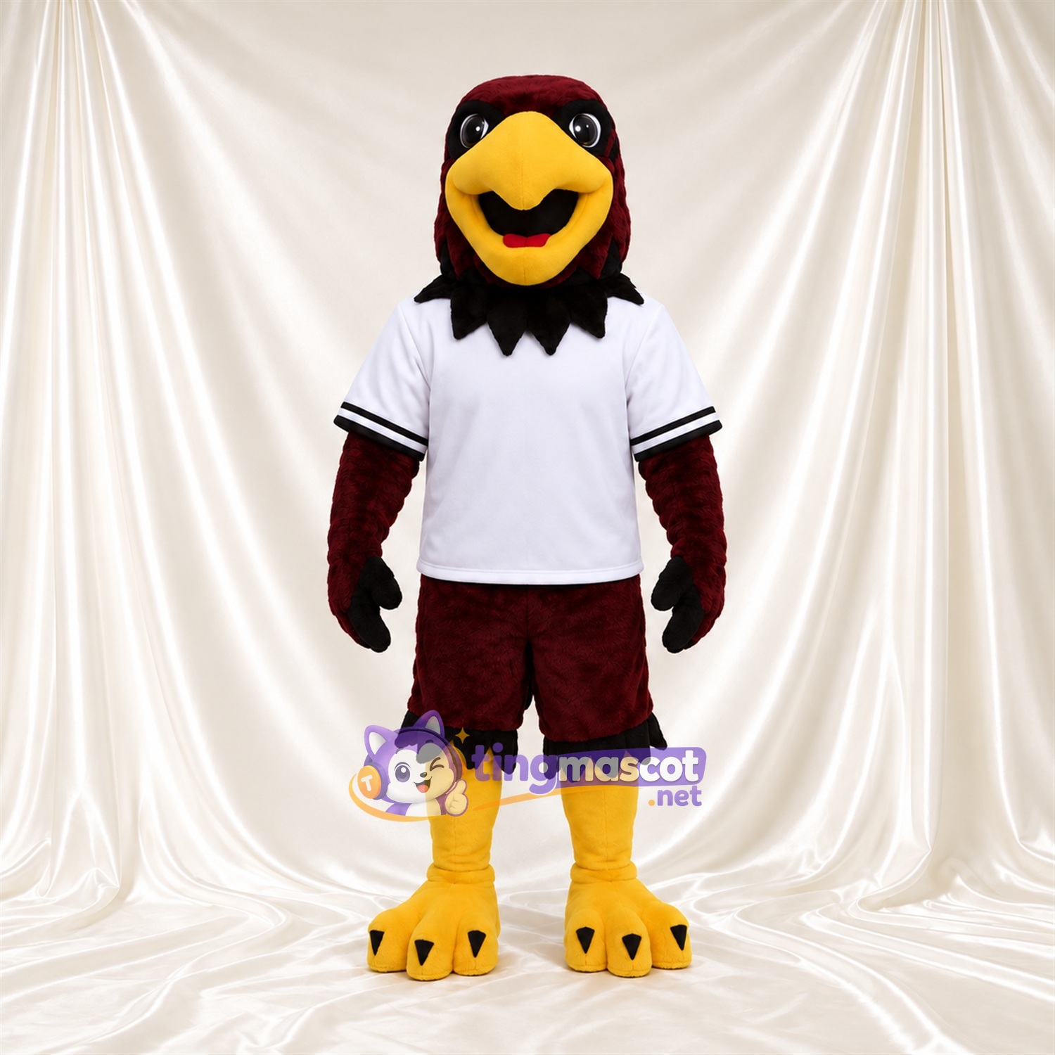 Costume de mascotte Faucon – bordeaux foncé – Maillot de sport (blanc); Casquette (rouge) Costume de mascotte Faucon – bordeaux foncé – Maillot de sport (blanc); Casquette (rouge)