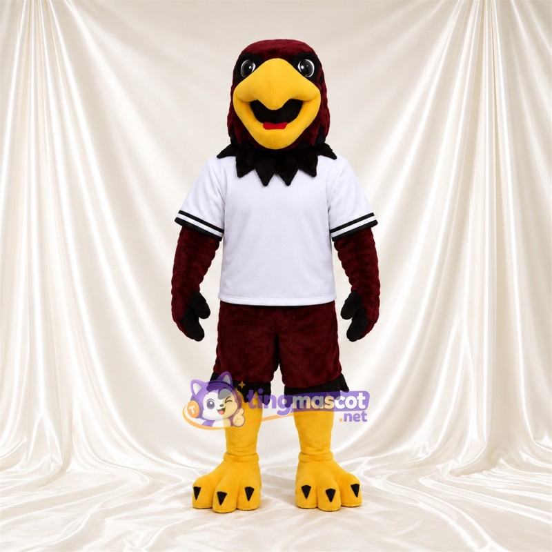 Costume de mascotte Faucon – bordeaux foncé – Maillot de sport (blanc); Casquette (rouge) Costume de mascotte Faucon – bordeaux foncé – Maillot de sport (blanc); Casquette (rouge)
