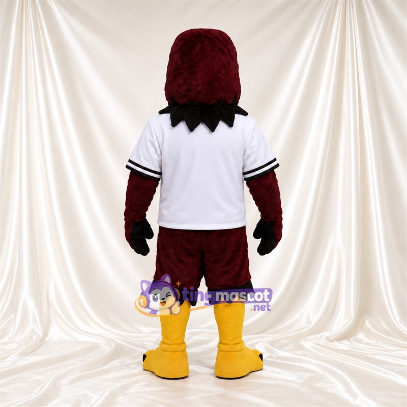 Costume de mascotte Faucon – bordeaux foncé – Maillot de sport (blanc); Casquette (rouge) Costume de mascotte Faucon – bordeaux foncé – Maillot de sport (blanc); Casquette (rouge)