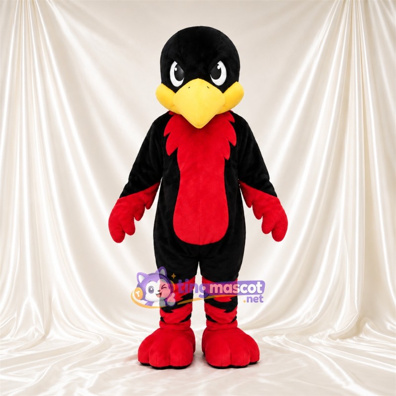 Costume de mascotte Oiseau – noir / rouge – Bec (jaune); Jambes rayées Costume de mascotte Oiseau – noir / rouge – Bec (jaune); Jambes rayées