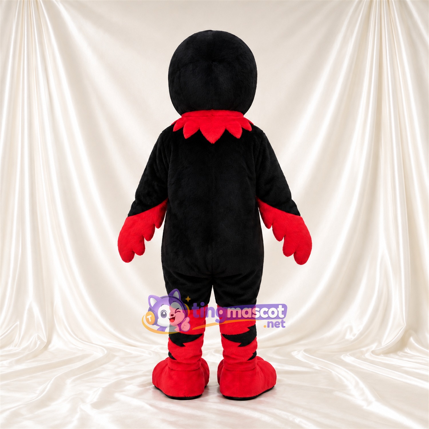 Costume de mascotte Oiseau – noir / rouge – Bec (jaune); Jambes rayées Costume de mascotte Oiseau – noir / rouge – Bec (jaune); Jambes rayées