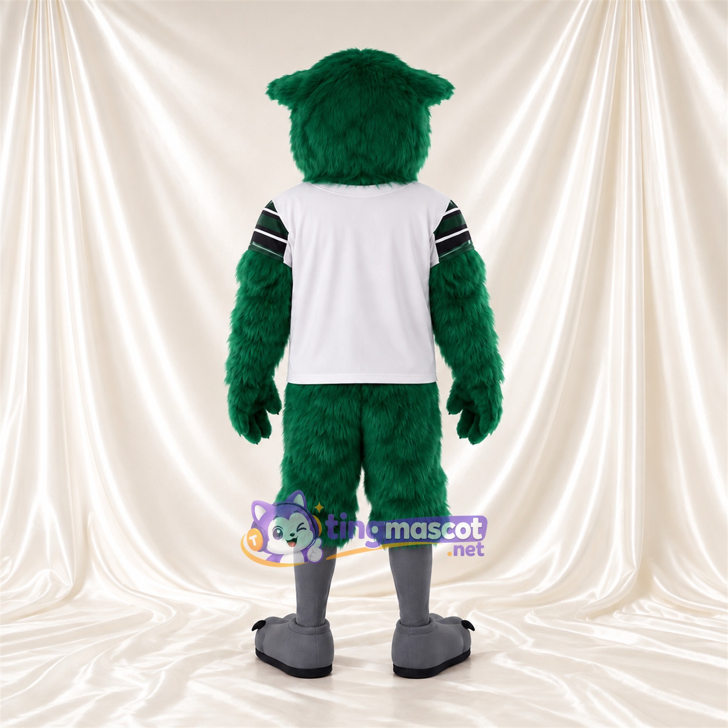 Maskottchenkostüm Rabe – grün – Sportshirt (weiß); Füße (grau) Maskottchenkostüm Rabe – grün – Sportshirt (weiß); Füße (grau)