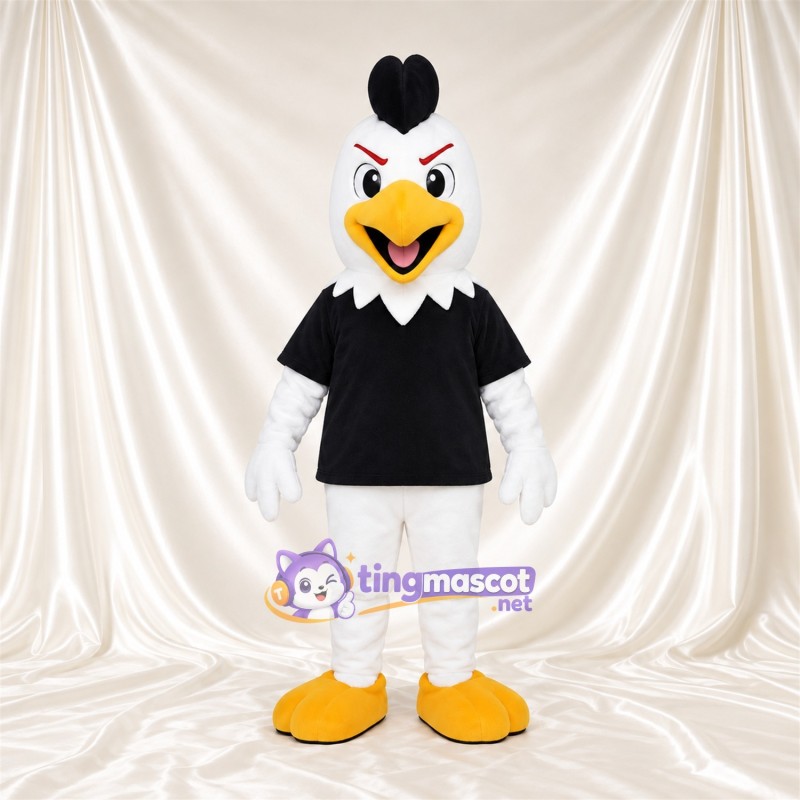 Costume de mascotte Coq – blanc – T-shirt (noir); Crête (noir) Costume de mascotte Coq – blanc – T-shirt (noir); Crête (noir)