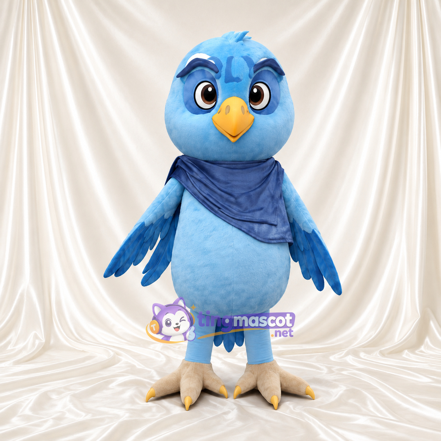 Costume de mascotte Oiseau – bleu clair – Bandana (bleu); Pieds (crème)