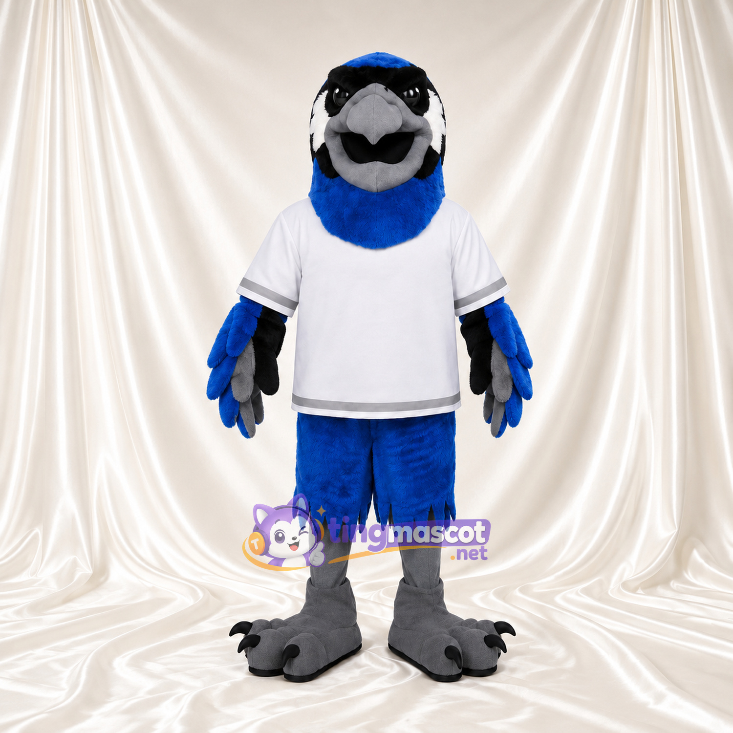 Maskottchenkostüm Rabe – blau – Sportshirt (weiß); Füße (grau) Maskottchenkostüm Rabe – blau – Sportshirt (weiß); Füße (grau)