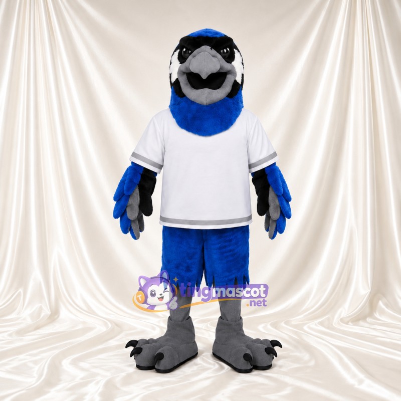 Maskottchenkostüm Rabe – blau – Sportshirt (weiß); Füße (grau) Maskottchenkostüm Rabe – blau – Sportshirt (weiß); Füße (grau)
