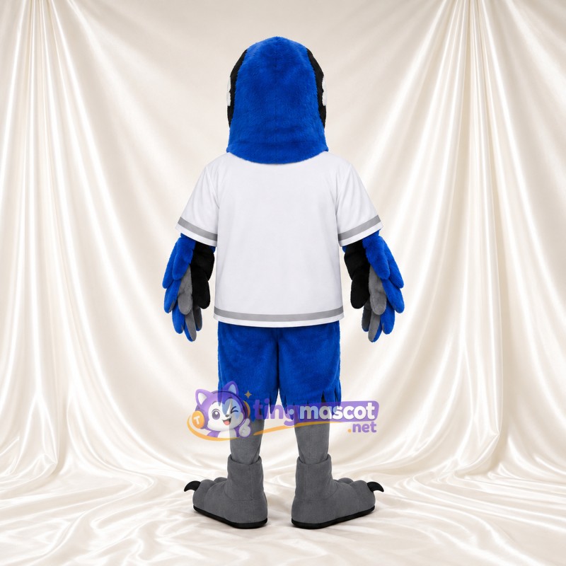 Maskottchenkostüm Rabe – blau – Sportshirt (weiß); Füße (grau) Maskottchenkostüm Rabe – blau – Sportshirt (weiß); Füße (grau)