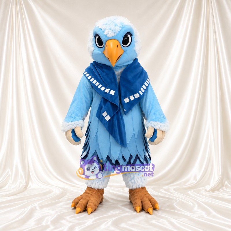 Costume de mascotte Aigle – bleu clair – Écharpe (bleu, à motifs); Serres (orange) Costume de mascotte Aigle – bleu clair – Écharpe (bleu, à motifs); Serres (orange)