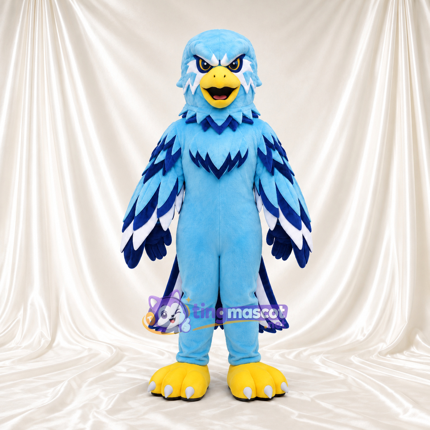 Costume de mascotte Aigle – bleu clair – Motifs sur les ailes (blanc, bleu marine) Costume de mascotte Aigle – bleu clair – Motifs sur les ailes (blanc, bleu marine)