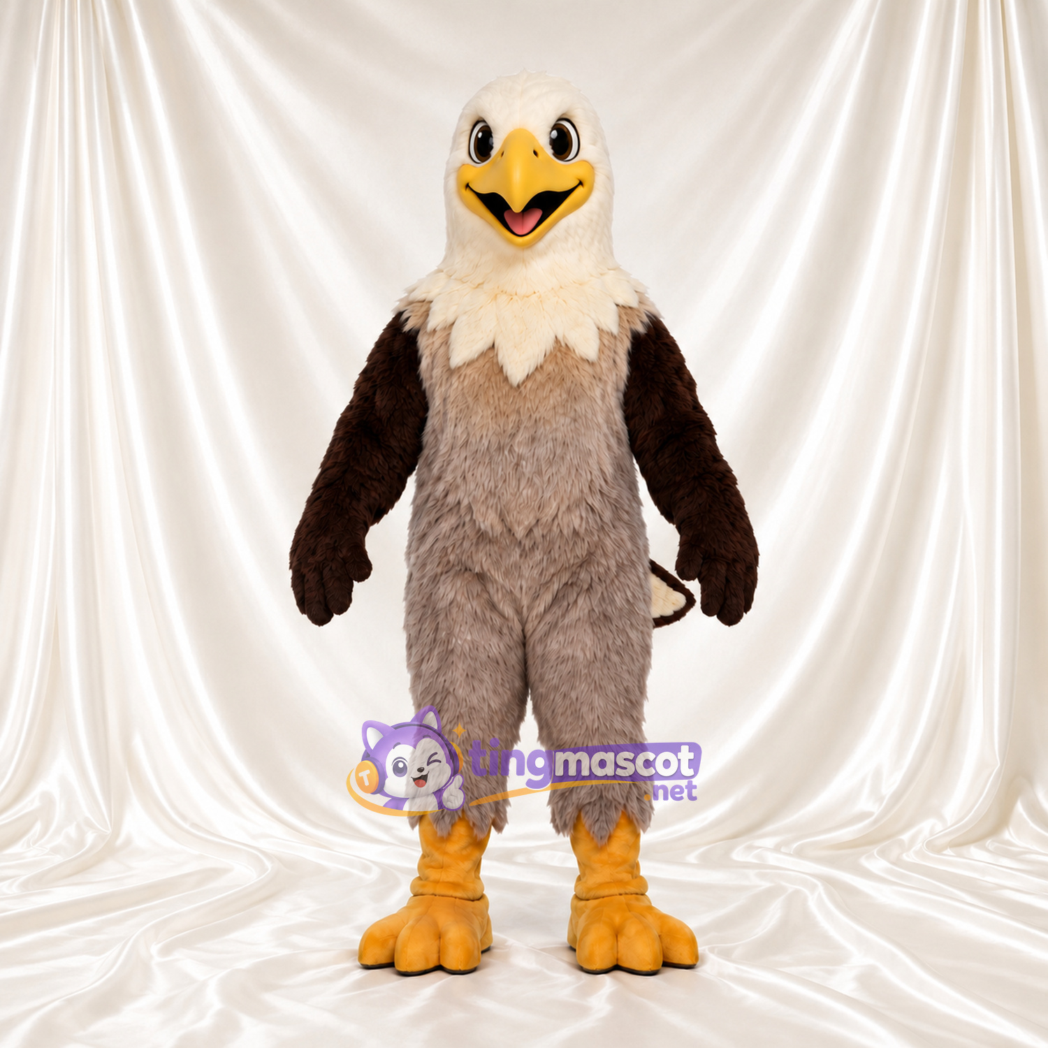 Costume de mascotte Pygargue à tête blanche – gris / marron – Tête (crème); Pieds (orange) Costume de mascotte Pygargue à tête blanche – gris / marron – Tête (crème); Pieds (orange)