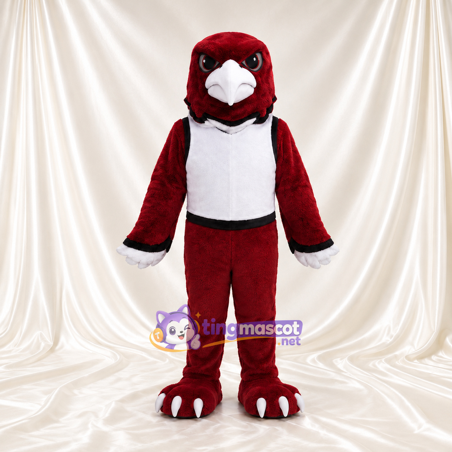 Costume de mascotte Aigle – bordeaux foncé – Gilet de sport (blanc); Bec (blanc) Costume de mascotte Aigle – bordeaux foncé – Gilet de sport (blanc); Bec (blanc)