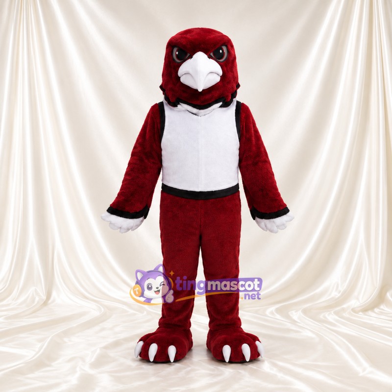 Costume de mascotte Aigle – bordeaux foncé – Gilet de sport (blanc); Bec (blanc) Costume de mascotte Aigle – bordeaux foncé – Gilet de sport (blanc); Bec (blanc)