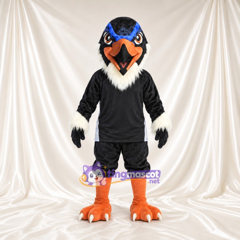 Black Hawk Mascot Costume - Black Sports Outfit and White Neck Feathers Black Hawk Mascot Costume - Black Sports Outfit and White Neck Feathers