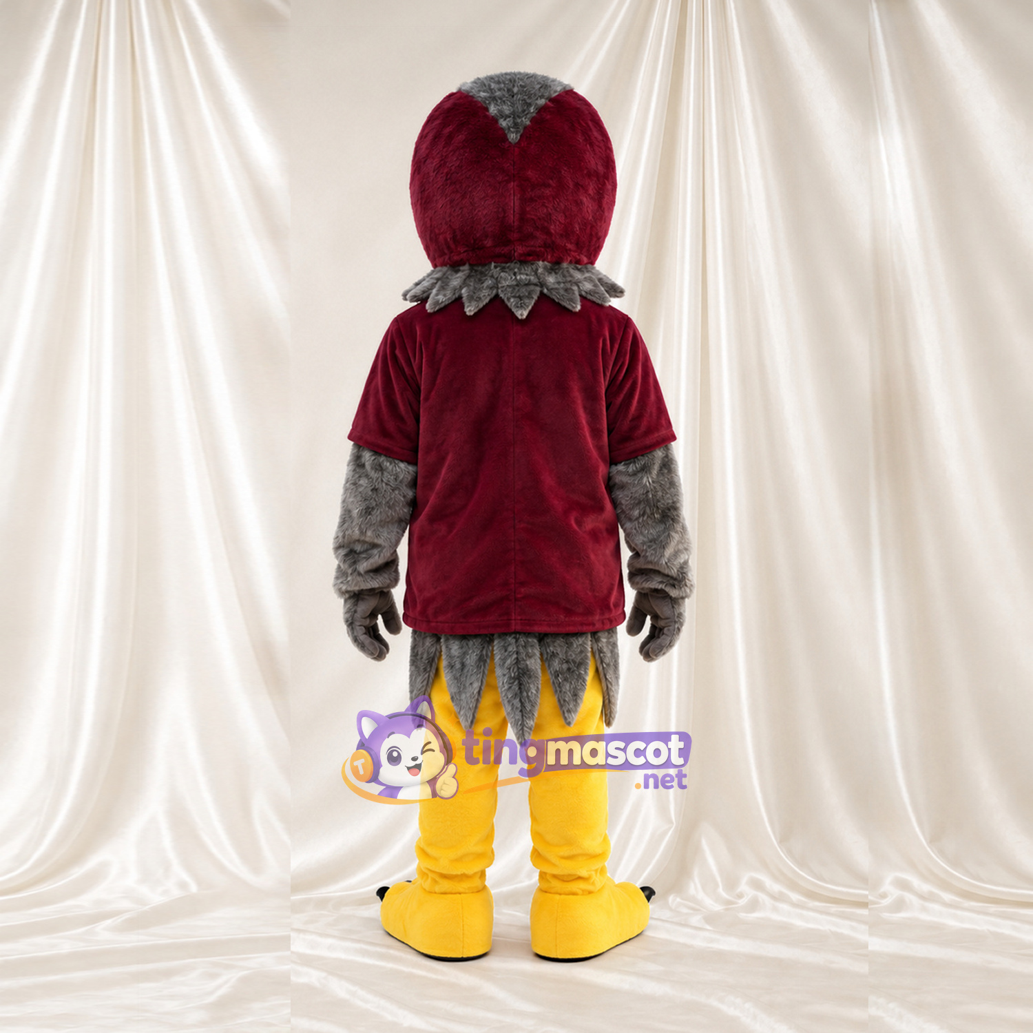 Costume de mascotte Oiseau – bordeaux foncé – Chemise (bordeaux); Ailes (gris) Costume de mascotte Oiseau – bordeaux foncé – Chemise (bordeaux); Ailes (gris)