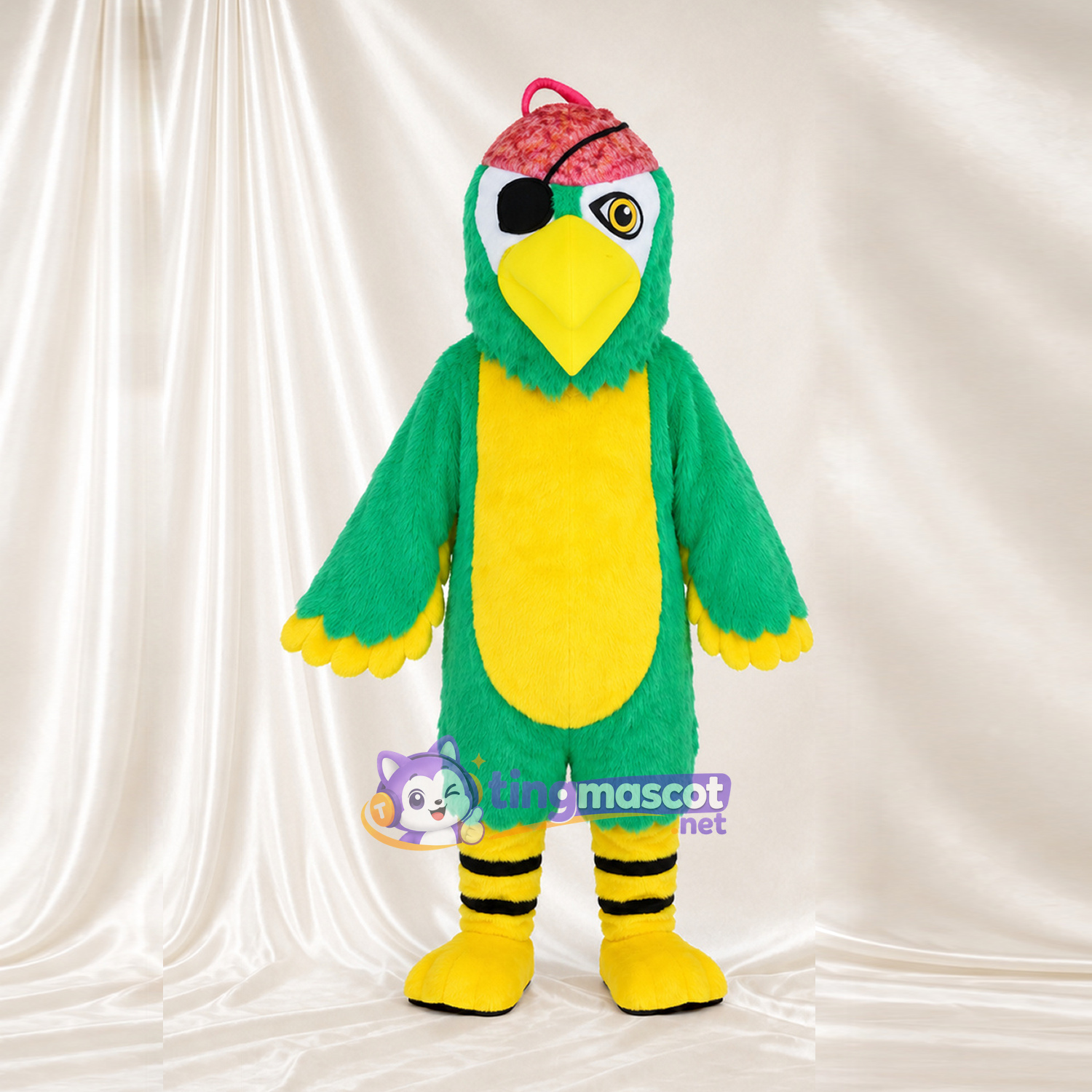 Costume de mascotte Perroquet – vert – Bandana (rouge); Tache autour d’un œil Costume de mascotte Perroquet – vert – Bandana (rouge); Tache autour d’un œil