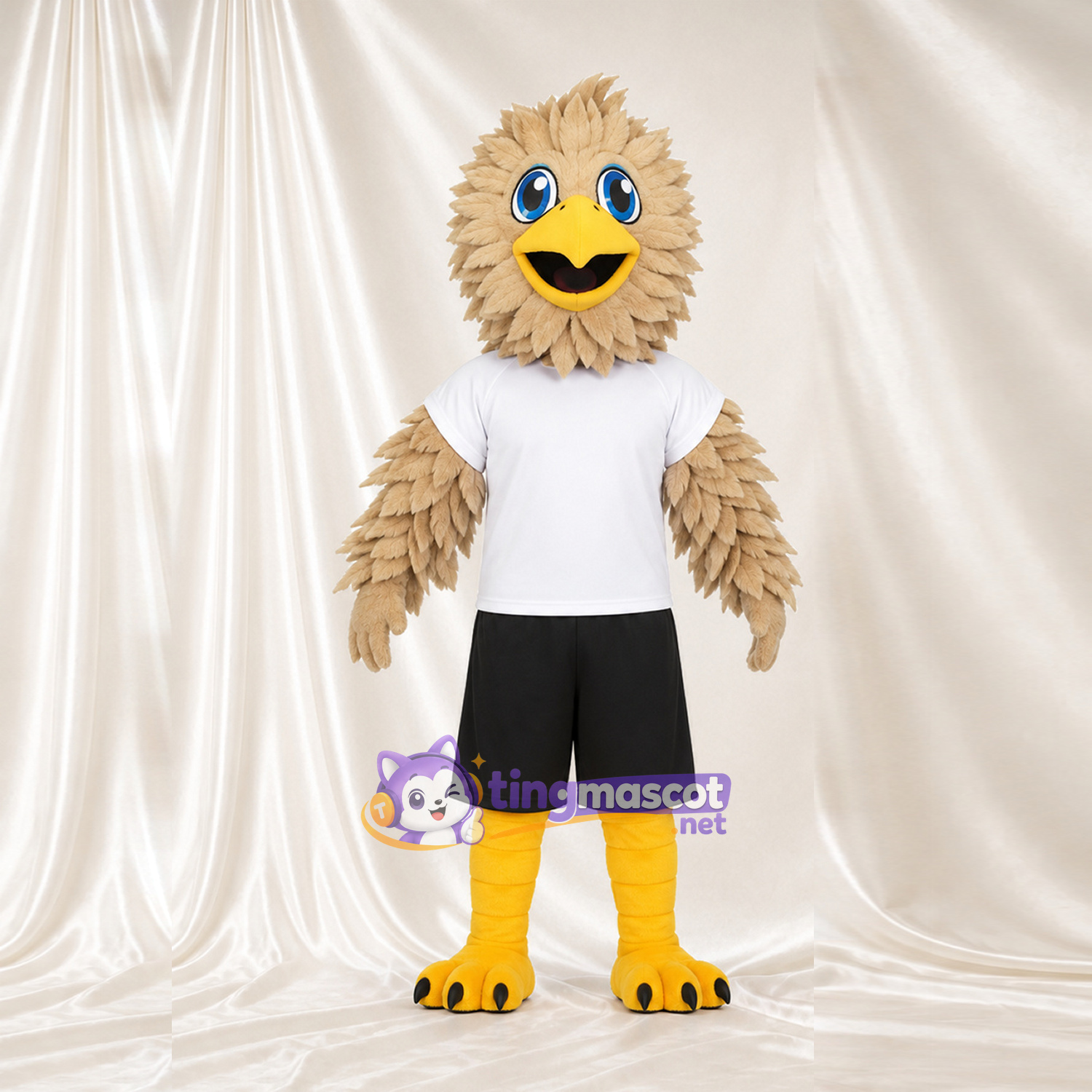 Beige Bird Mascot Costume - White T-Shirt and Black Shorts