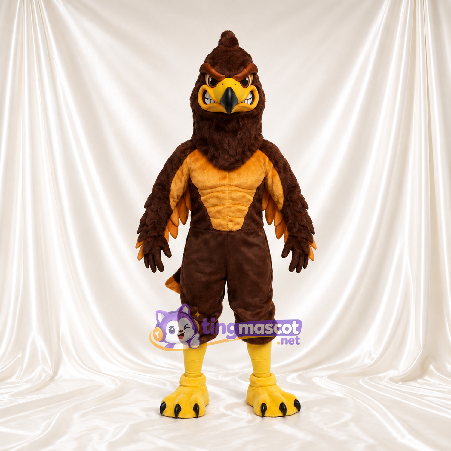 Brown Hawk Mascot Costume - Golden Chest and Pointed Crest Brown Hawk Mascot Costume - Golden Chest and Pointed Crest