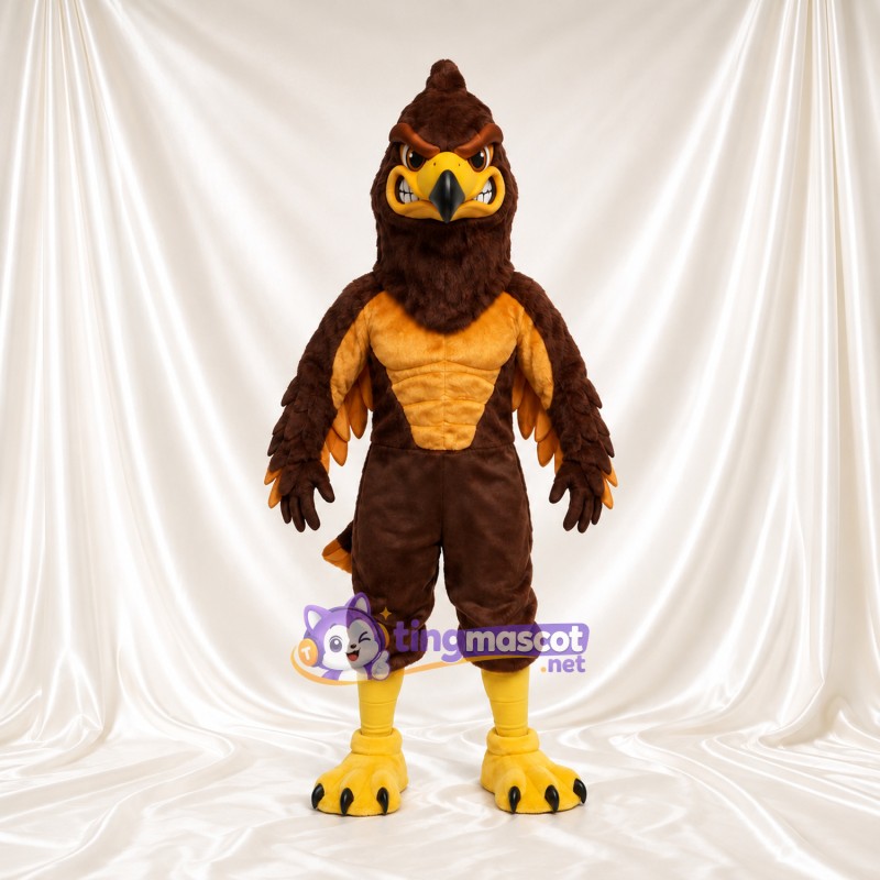 Brown Hawk Mascot Costume - Golden Chest and Pointed Crest Brown Hawk Mascot Costume - Golden Chest and Pointed Crest