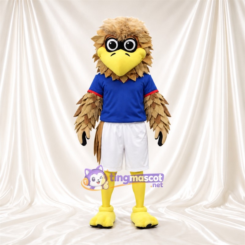 Beige Bird Mascot Costume - Blue Sports Shirt and White Shorts Beige Bird Mascot Costume - Blue Sports Shirt and White Shorts