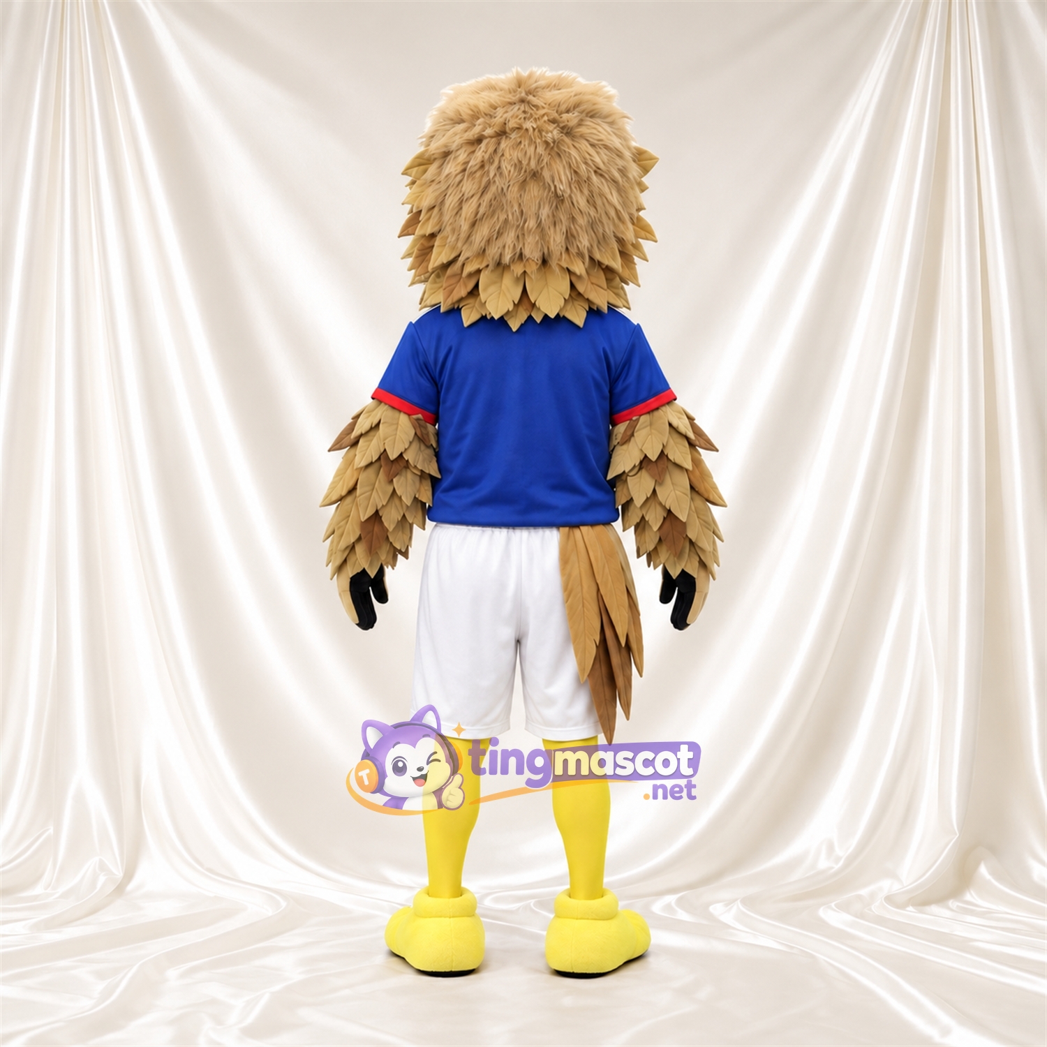 Beige Bird Mascot Costume - Blue Sports Shirt and White Shorts Beige Bird Mascot Costume - Blue Sports Shirt and White Shorts