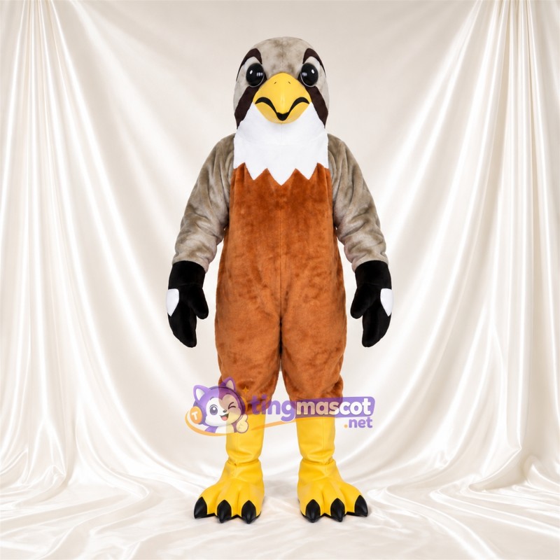 Costume de mascotte Faucon – marron – Bavette au cou (blanc); Ailes (gris)