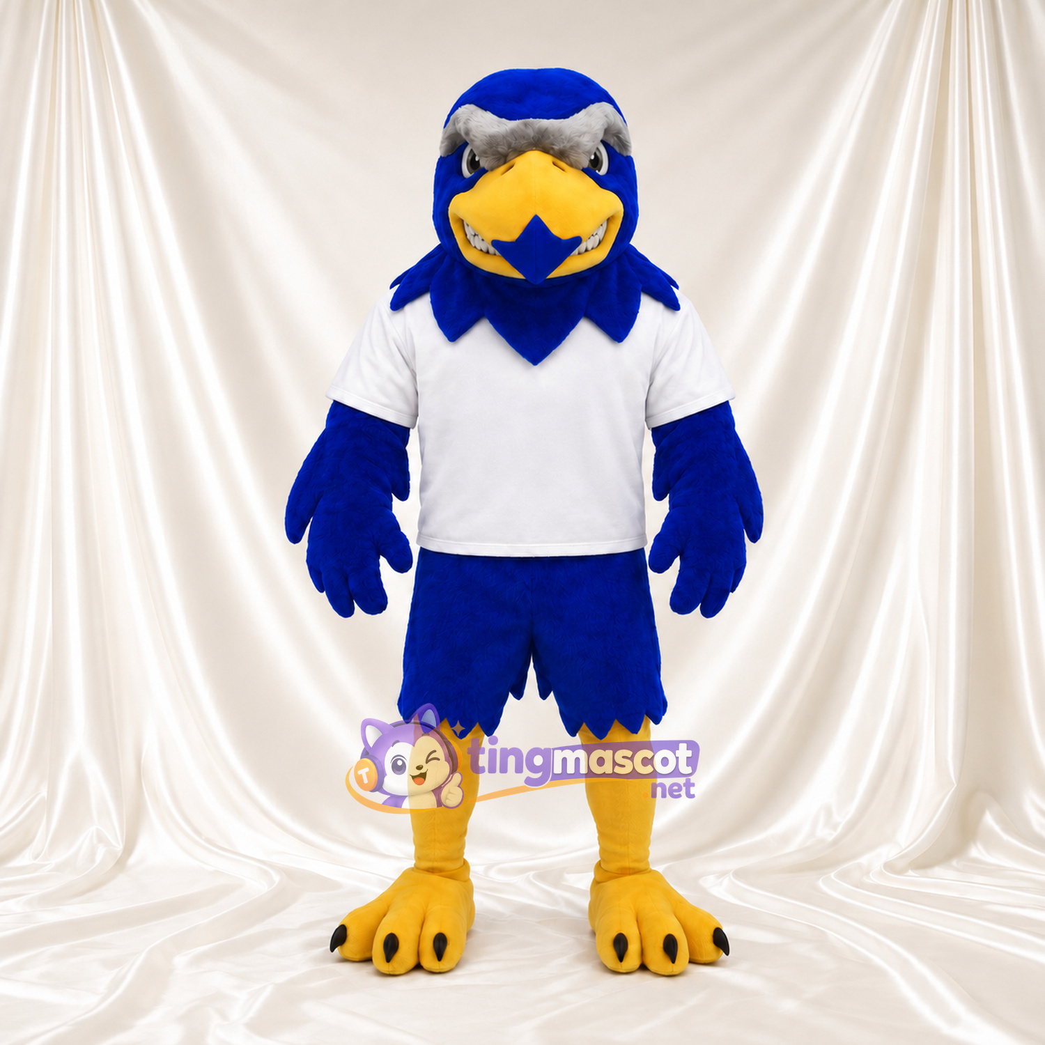 Maskottchenkostüm Adler – blau – Poloshirt (weiß); Füße (gelb) Maskottchenkostüm Adler – blau – Poloshirt (weiß); Füße (gelb)