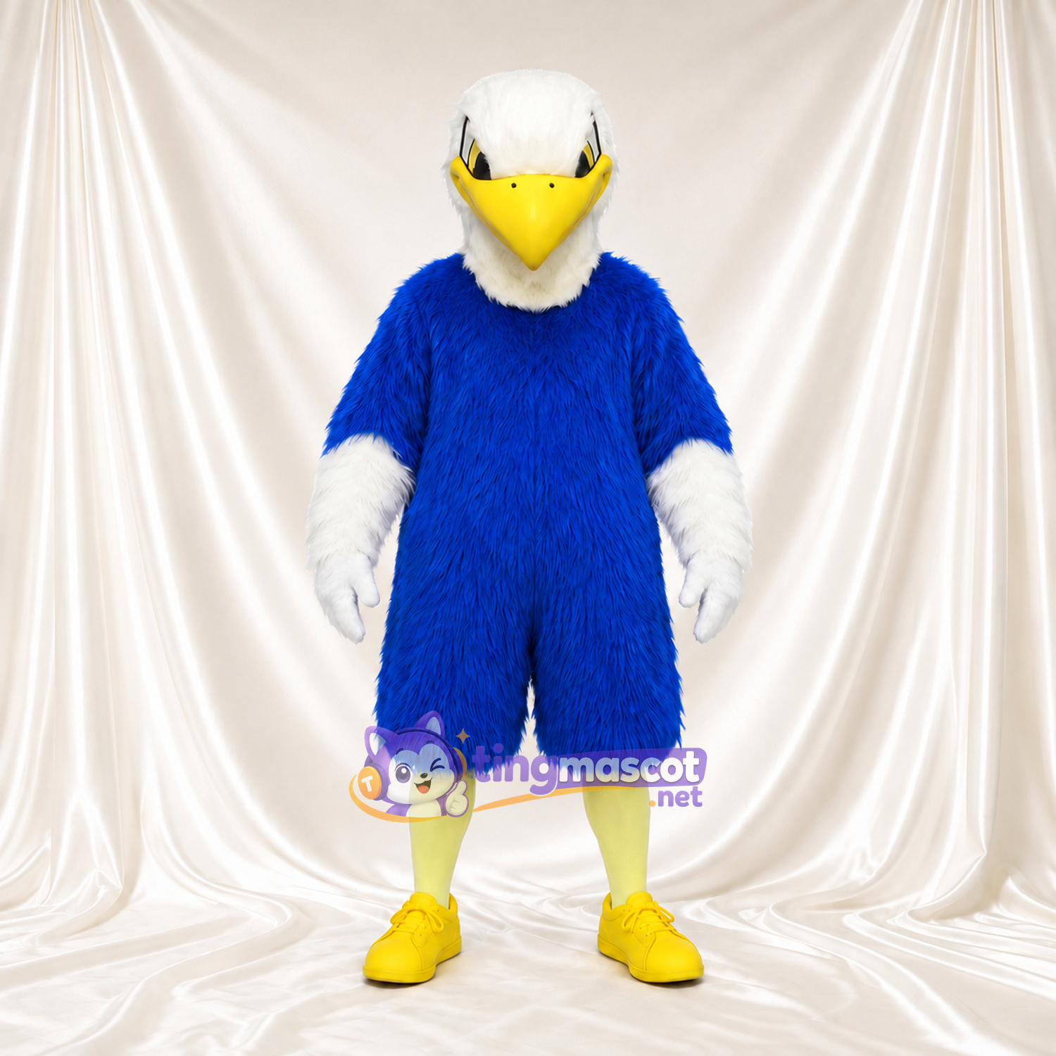 Costume de mascotte Pygargue à tête blanche – bleu – Mains (blanc); Chaussures (jaune) Costume de mascotte Pygargue à tête blanche – bleu – Mains (blanc); Chaussures (jaune)