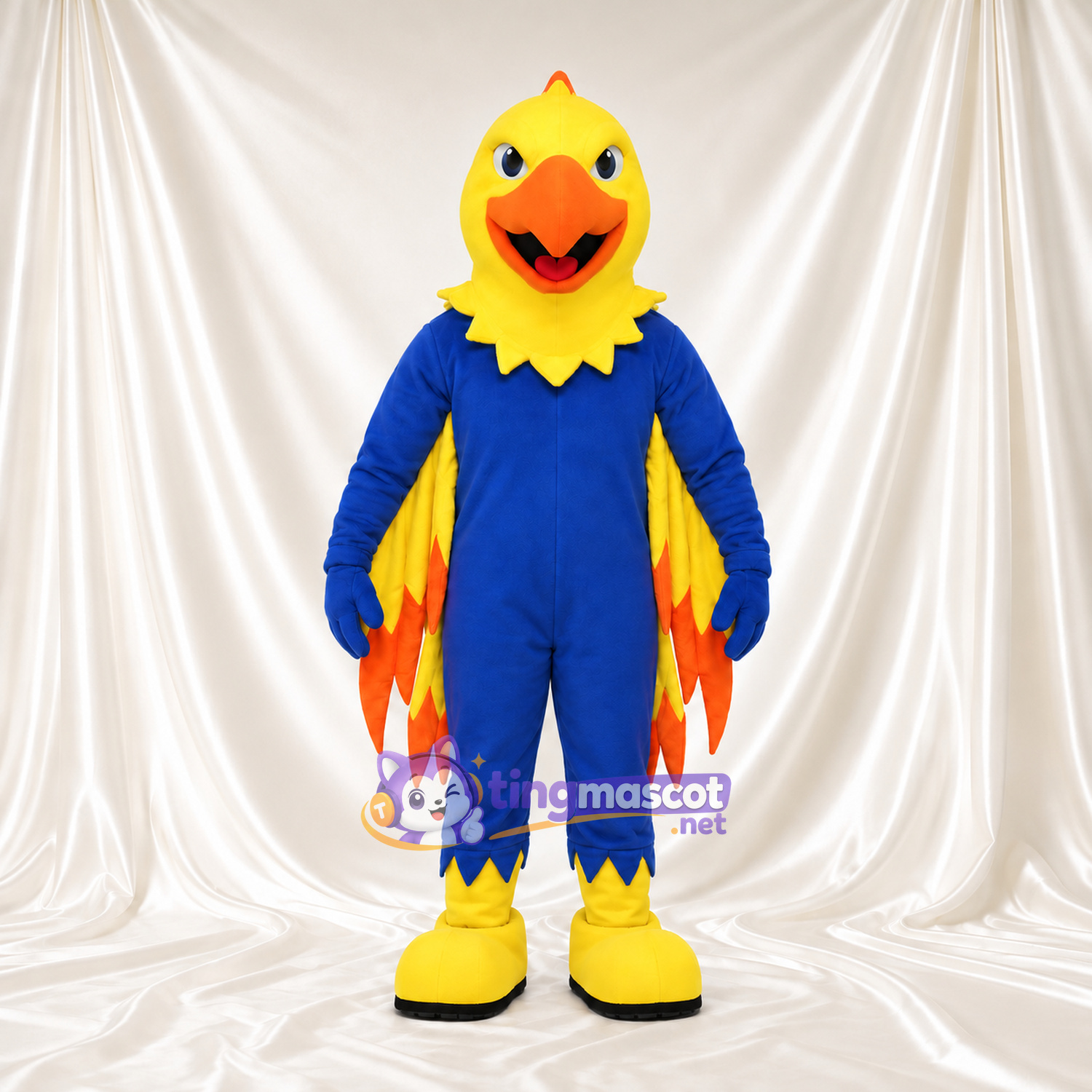 Costume de mascotte Oiseau – jaune / bleu – Plumes des ailes (orange); Chaussures (jaune) Costume de mascotte Oiseau – jaune / bleu – Plumes des ailes (orange); Chaussures (jaune)