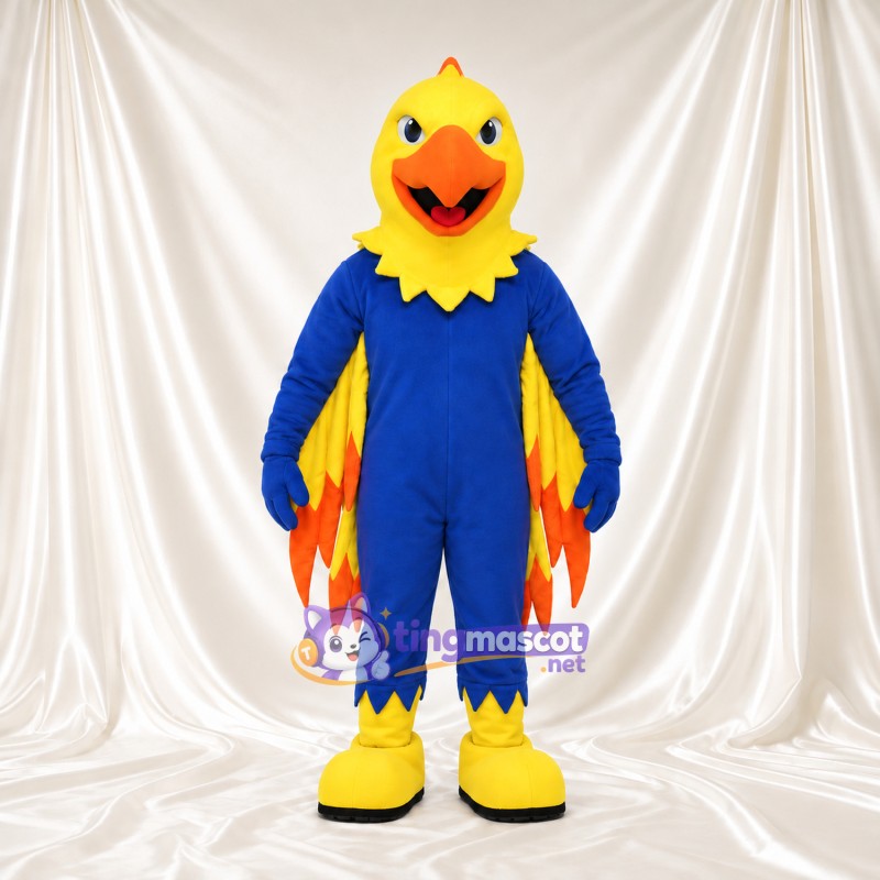 Costume de mascotte Oiseau – jaune / bleu – Plumes des ailes (orange); Chaussures (jaune)